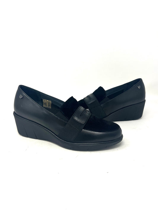 Mocassino su zeppa pelle nero inserti camoscio -F51A2N