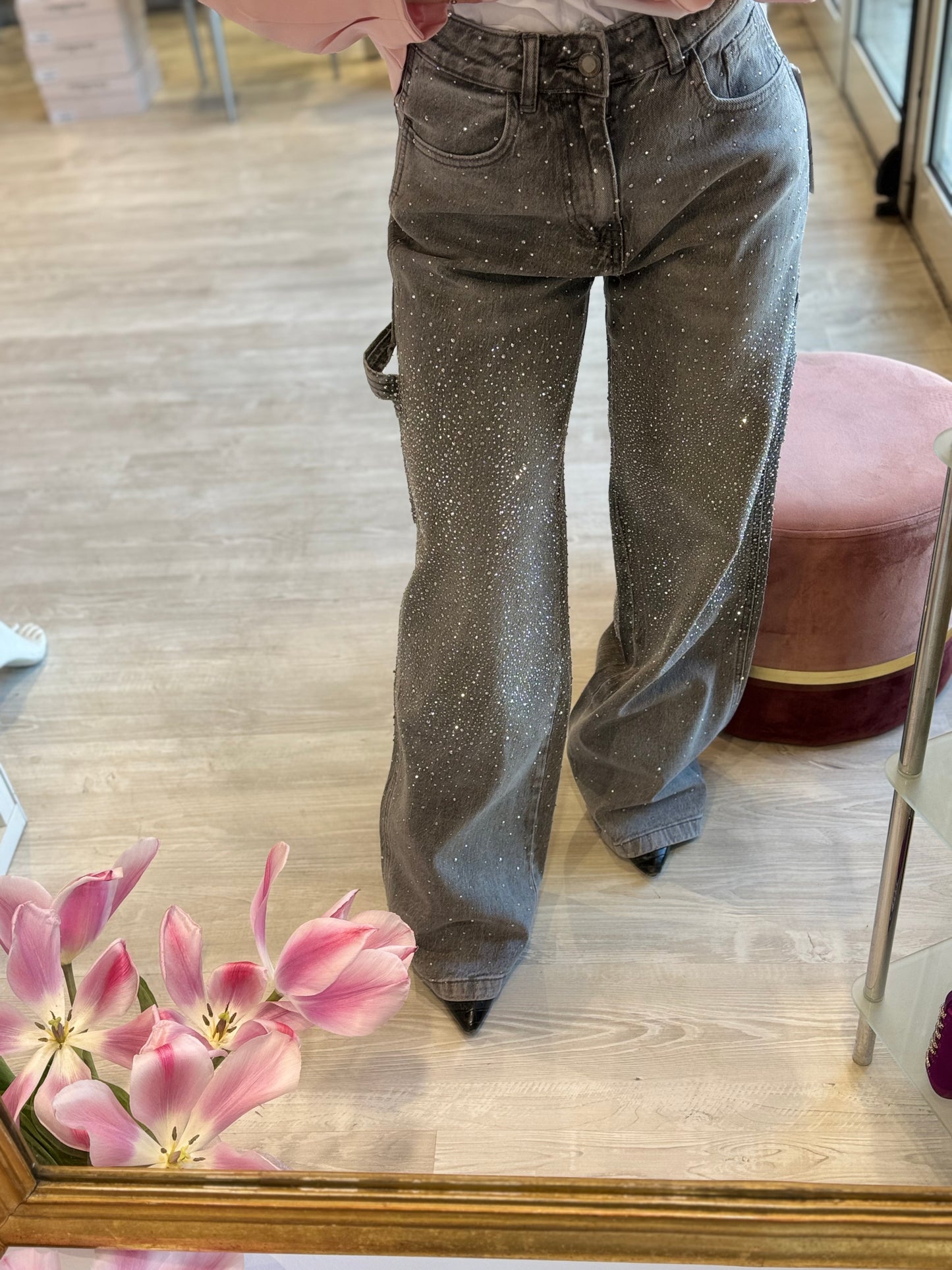 Jeans strass a palazzo grigio -325200