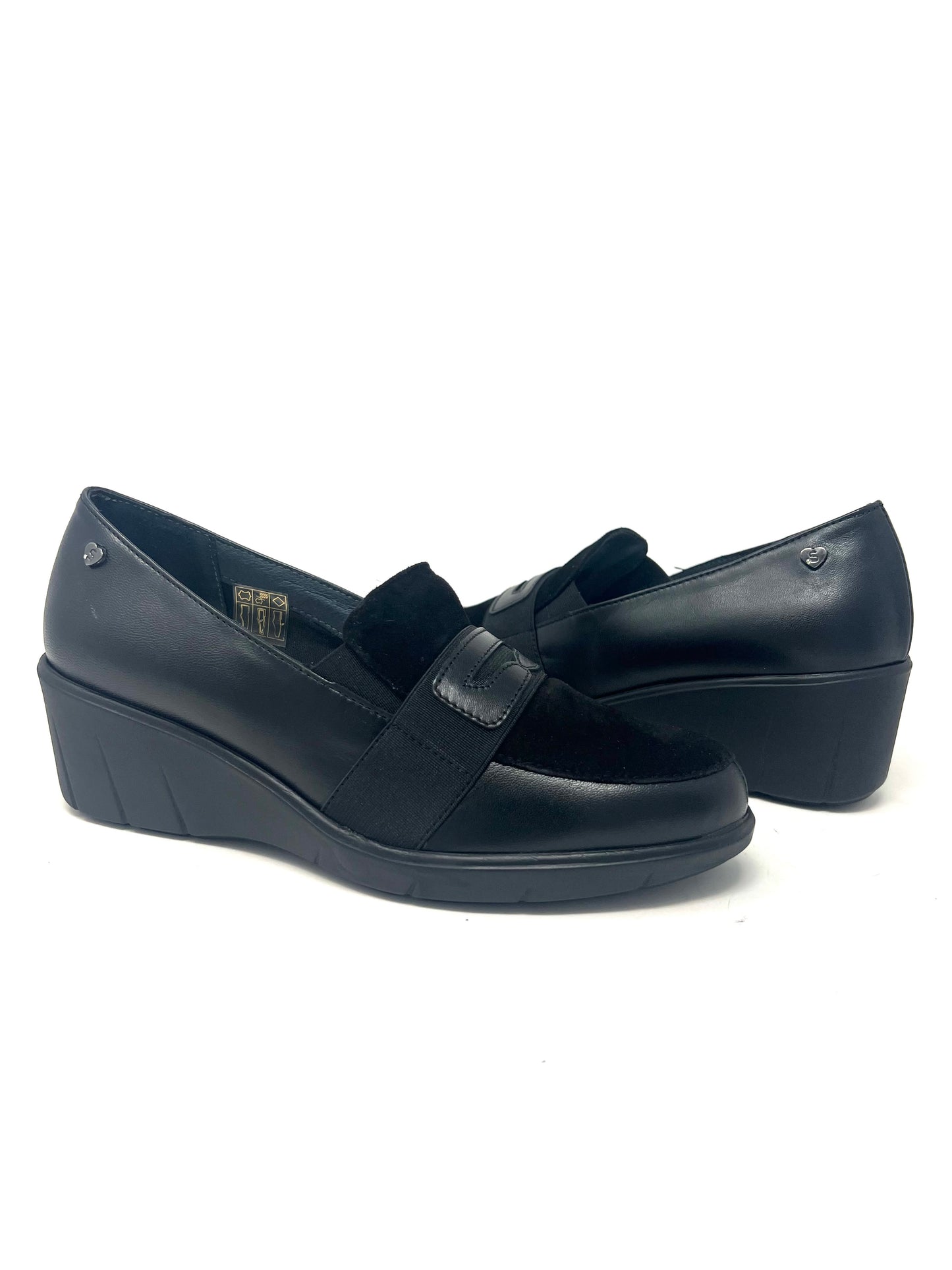 Mocassino su zeppa pelle nero inserti camoscio -F51A2N