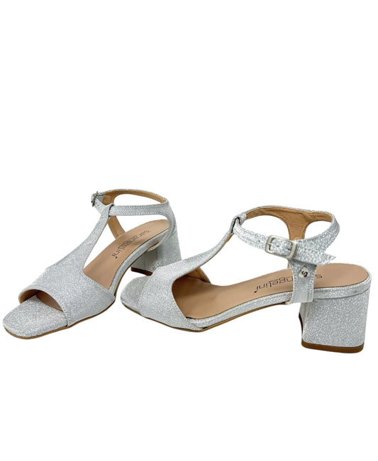 Sandalo con tacco t-bar glitter argento