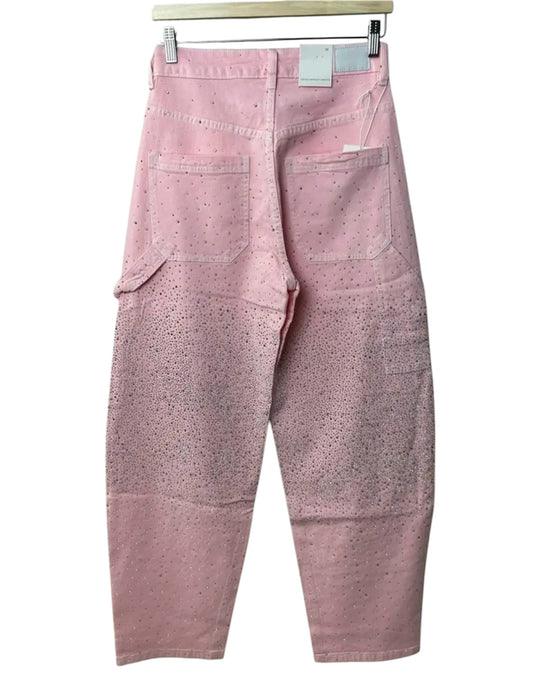 Jeans baggy con strass rosa