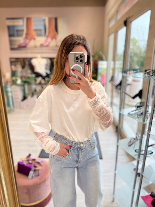 T-Shirt con maniche in pizzo bianco