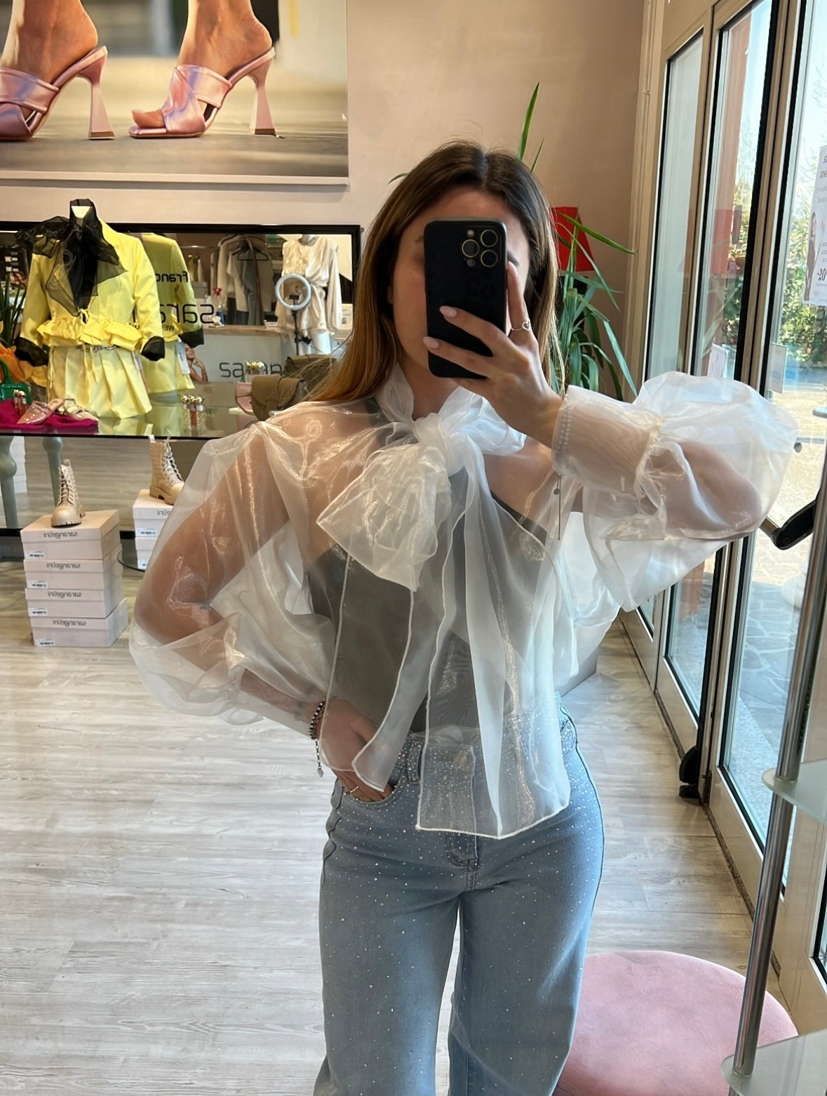 Camicia simil organza con fiocco -04065B