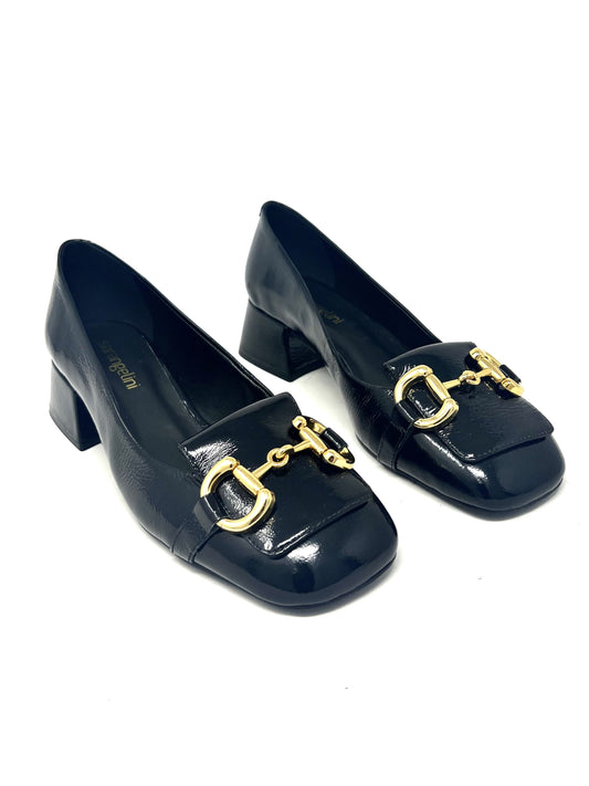 Decolletè in vernice nera tacco quadrato morsetto oro -2390J5