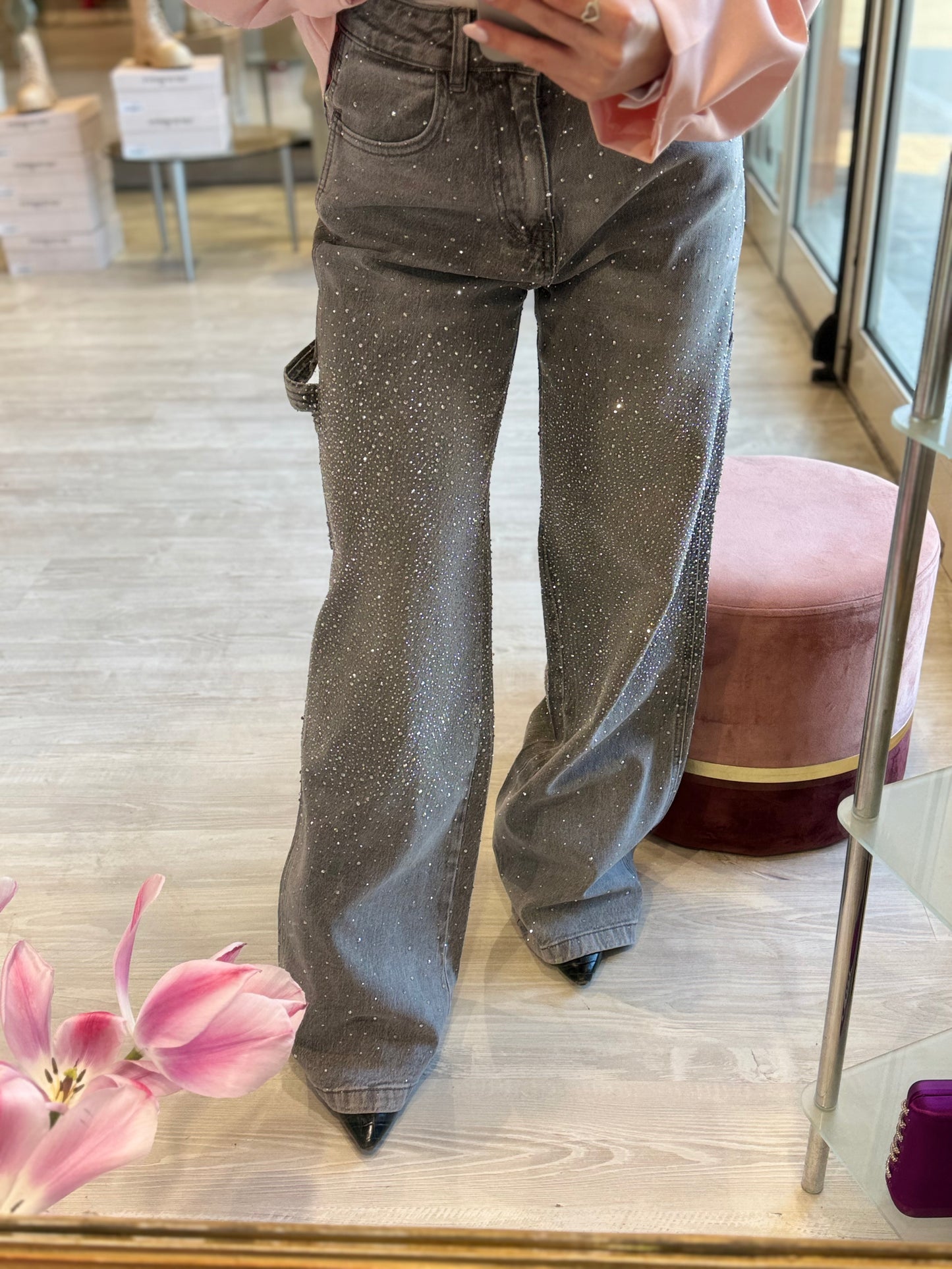 Jeans strass a palazzo grigio -325200