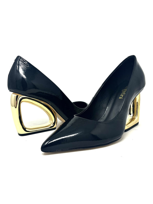 Decolletè in vernice nera tacco design oro -2450D