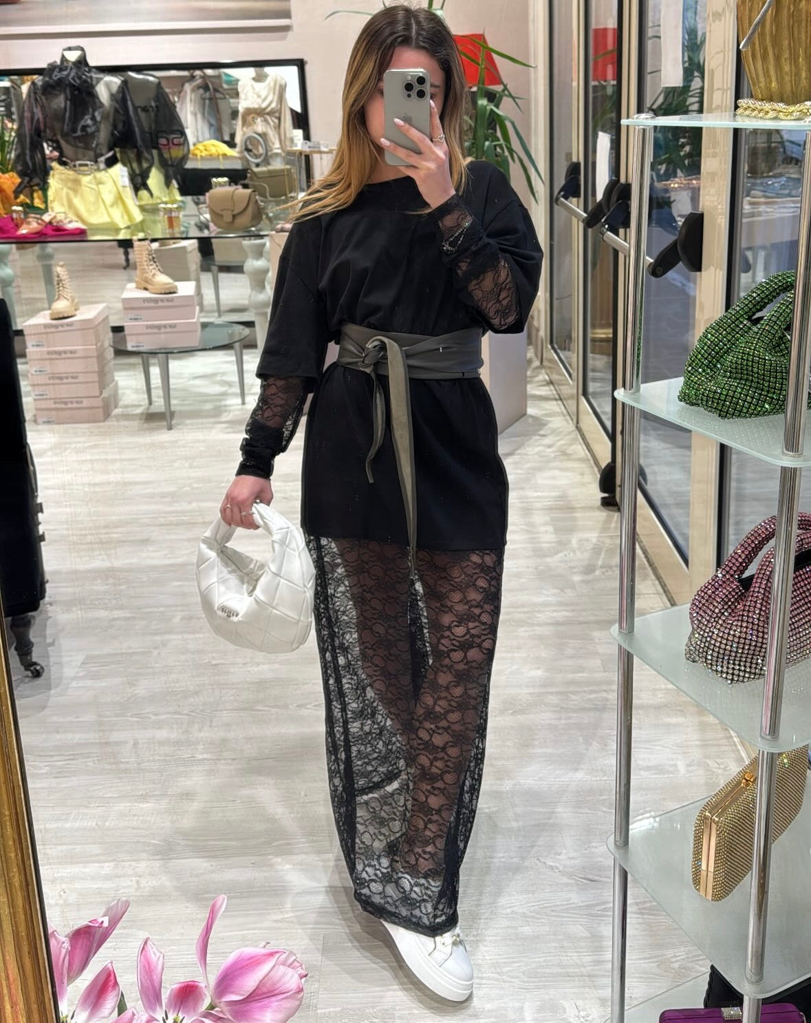 T-Shirt lunga maniche in pizzo nero -20145