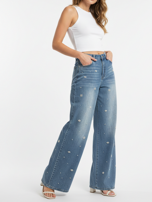 Jeans vita alta a palazzo con perle - 3500022