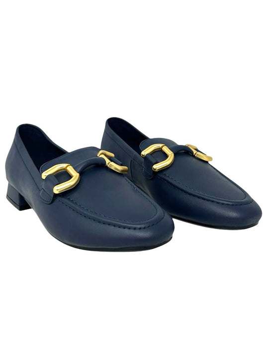 Mocassino in pelle blu navy accessorio oro - G0401AM