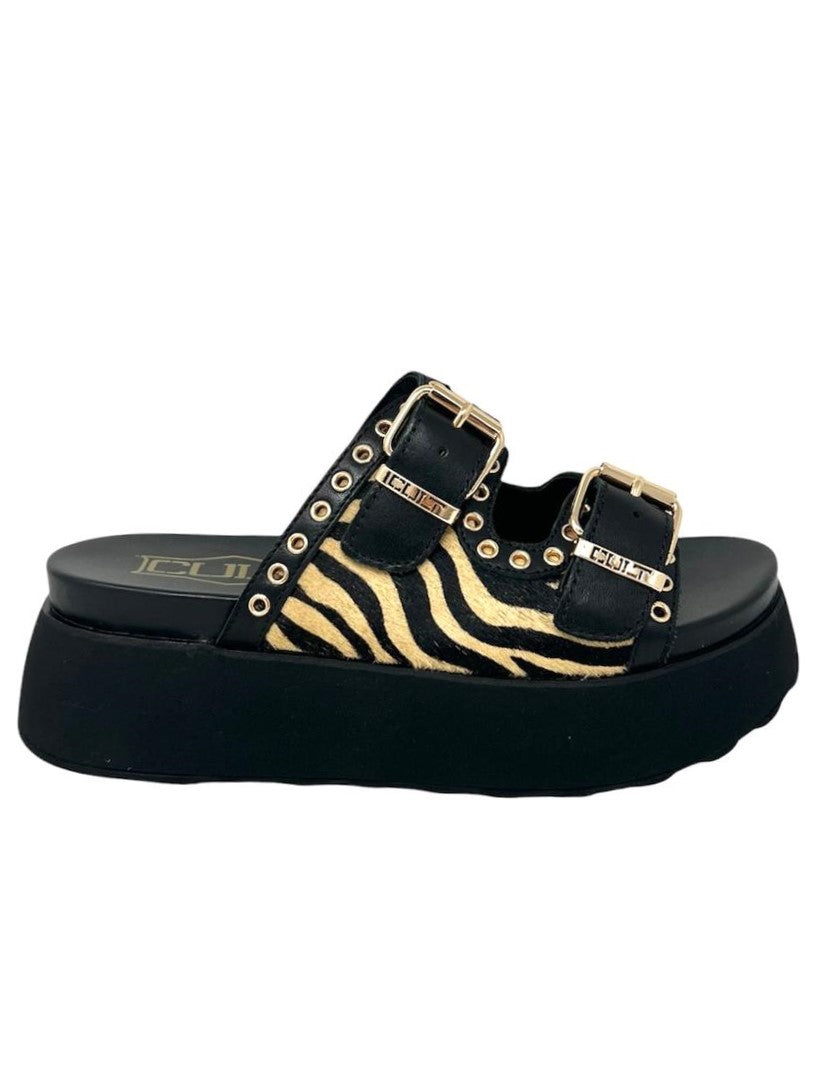 Ciabatta platform animalier nero con borchie - CLW430L