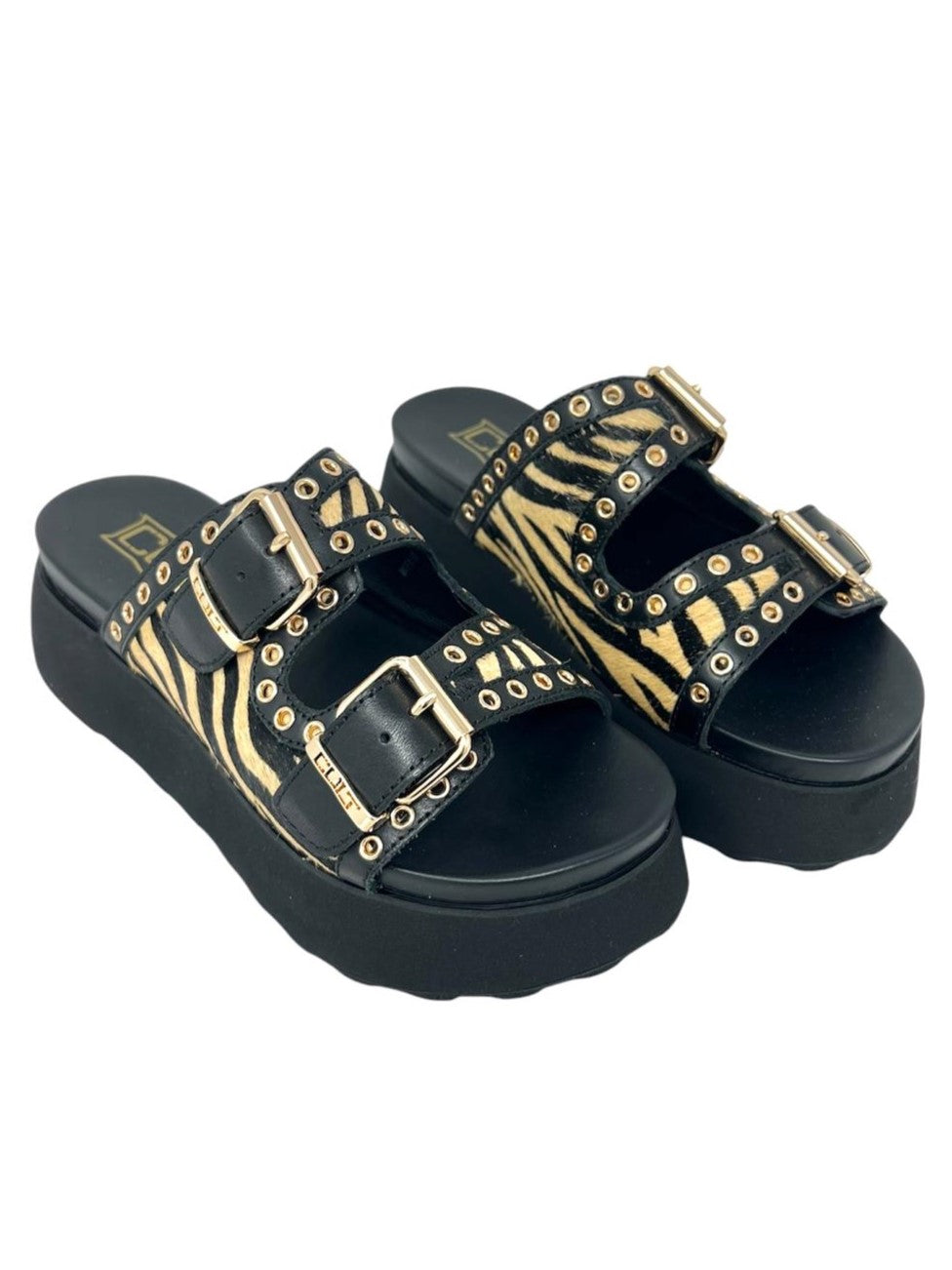Ciabatta platform animalier nero con borchie - CLW430L
