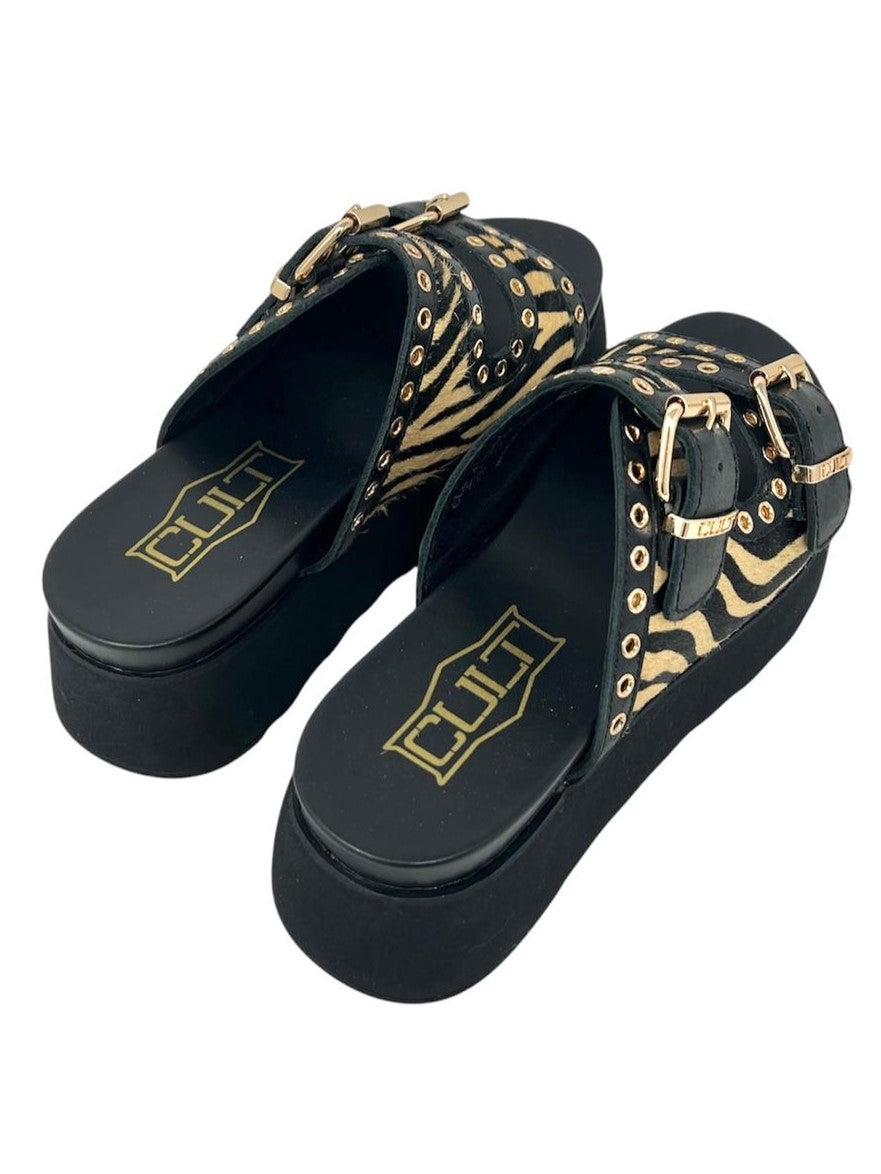 Ciabatta platform animalier nero con borchie - CLW430L