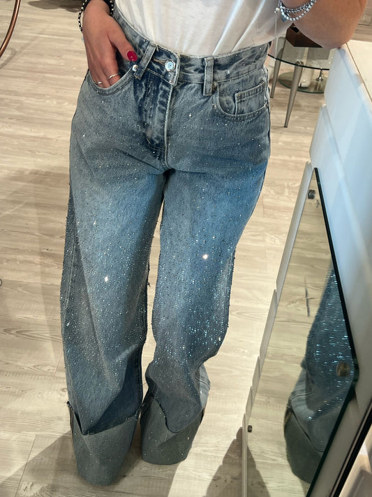 Jeans vita altra strass con risvolto