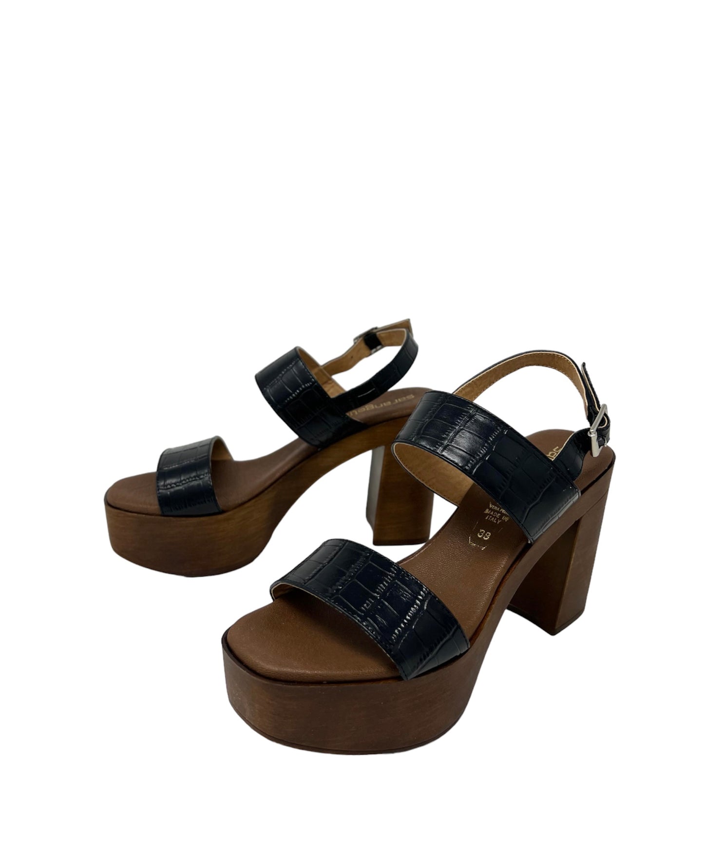 Sandalo con tacco e plateau in pelle stampa cocco nero - 71253NE