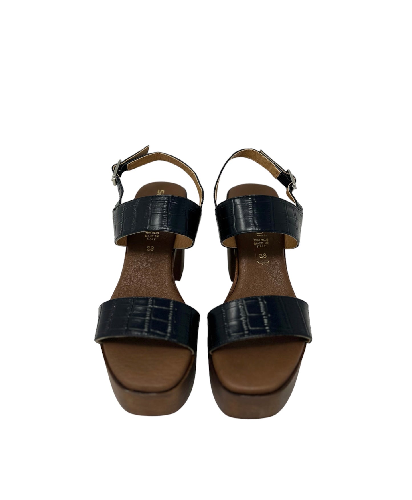 Sandalo con tacco e plateau in pelle stampa cocco nero - 71253NE