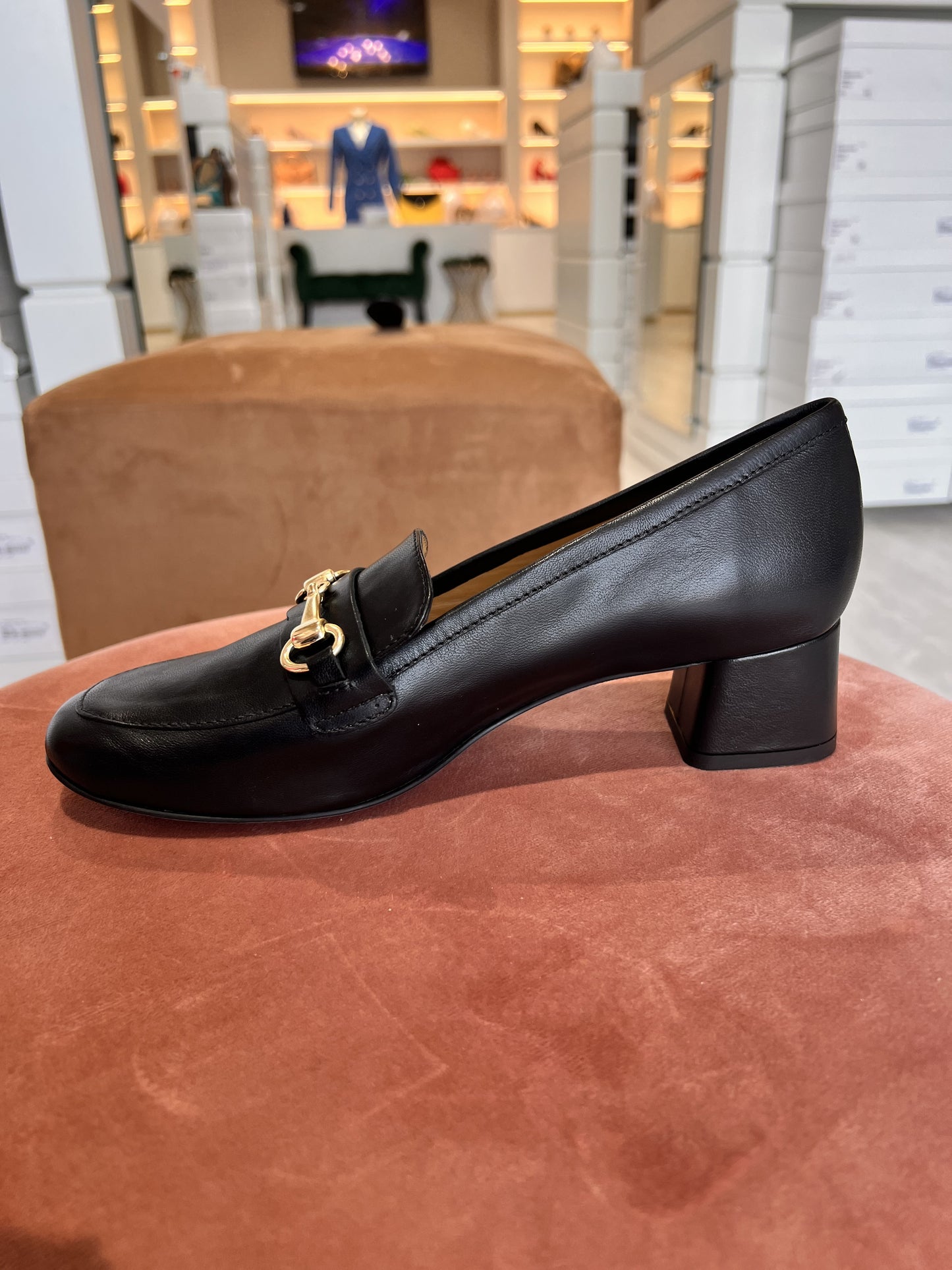 Mocassino tacco 50 lavorazione sacchetto pelle nero morsetto oro -300NE