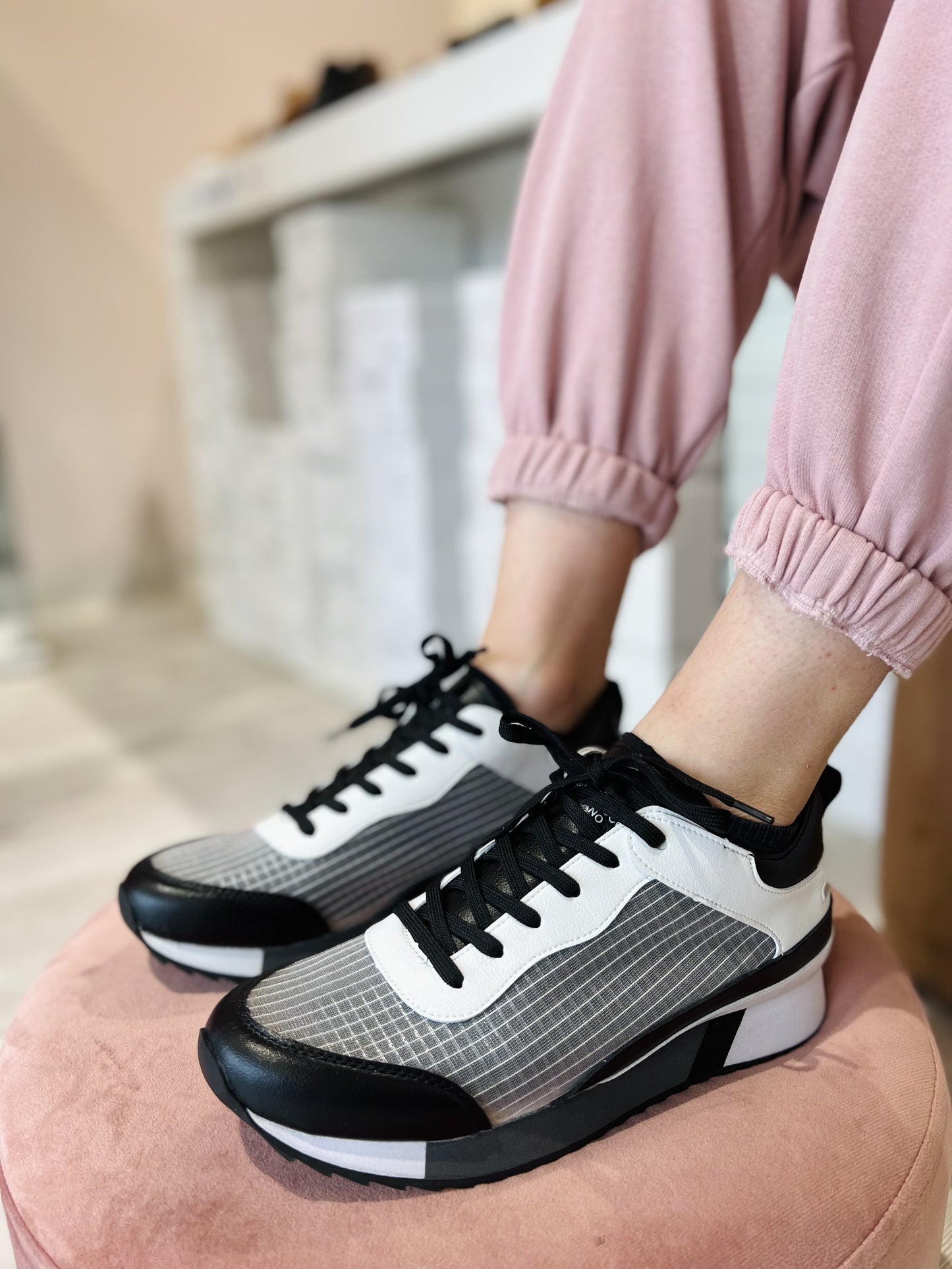 Sneakers pelle tessuto trasparente bianco nero