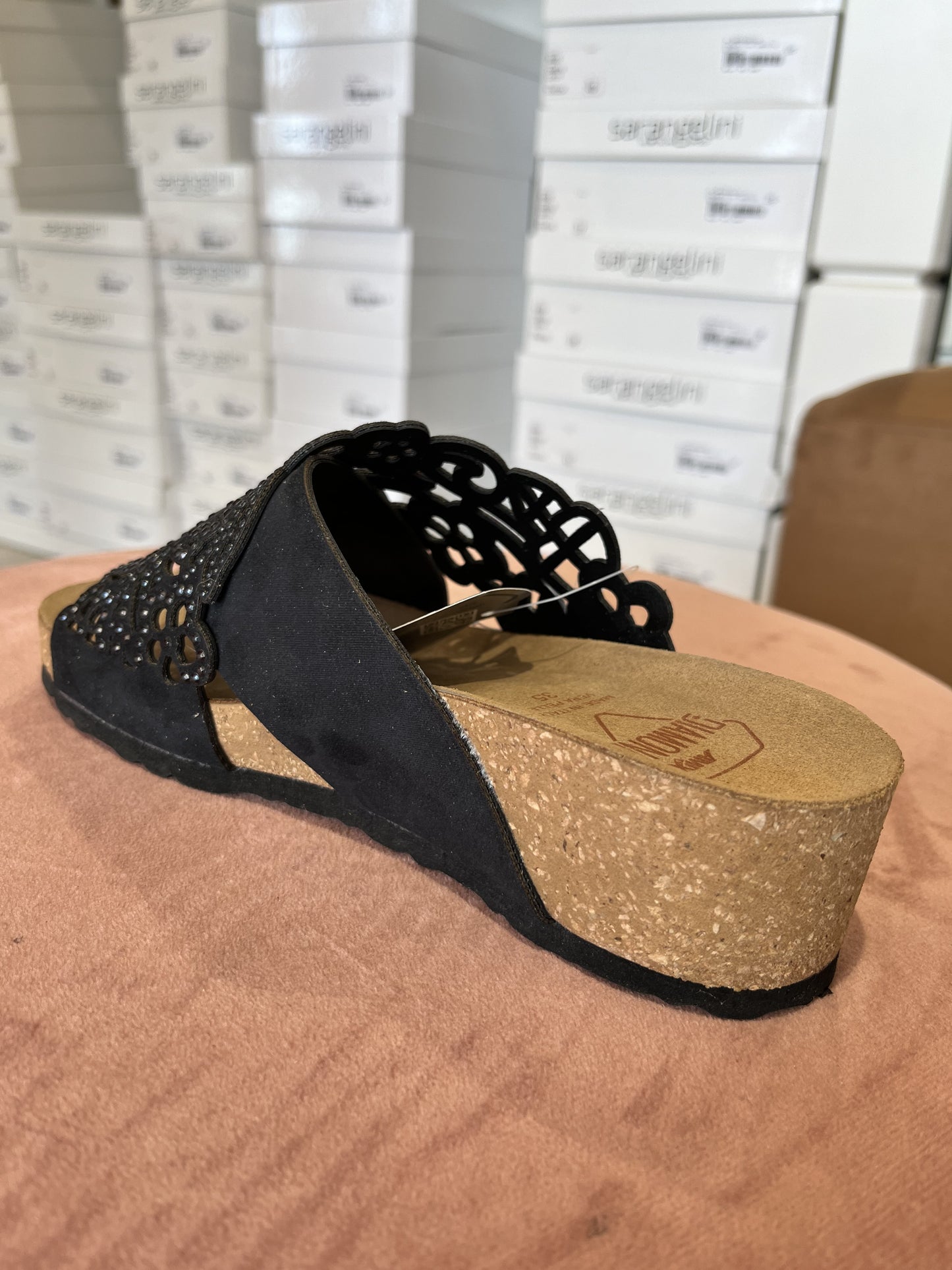Ciabatta sughero incrociata effetto pizzo strass nero