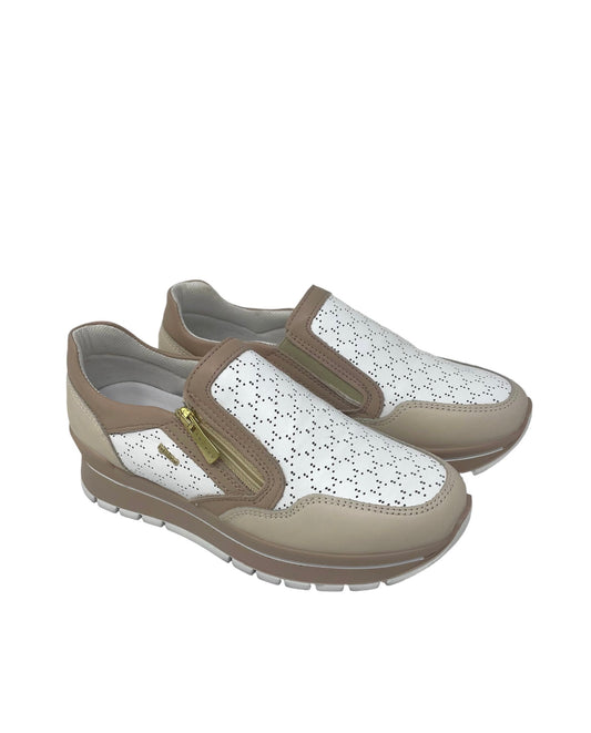 Sneakers slip-on in vera pelle beige/cipria microfori -3660211