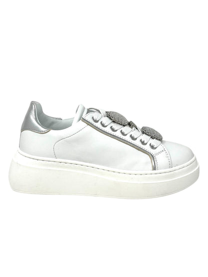 Sneaker bianca in pelle con bottoni strass - 607ACCL