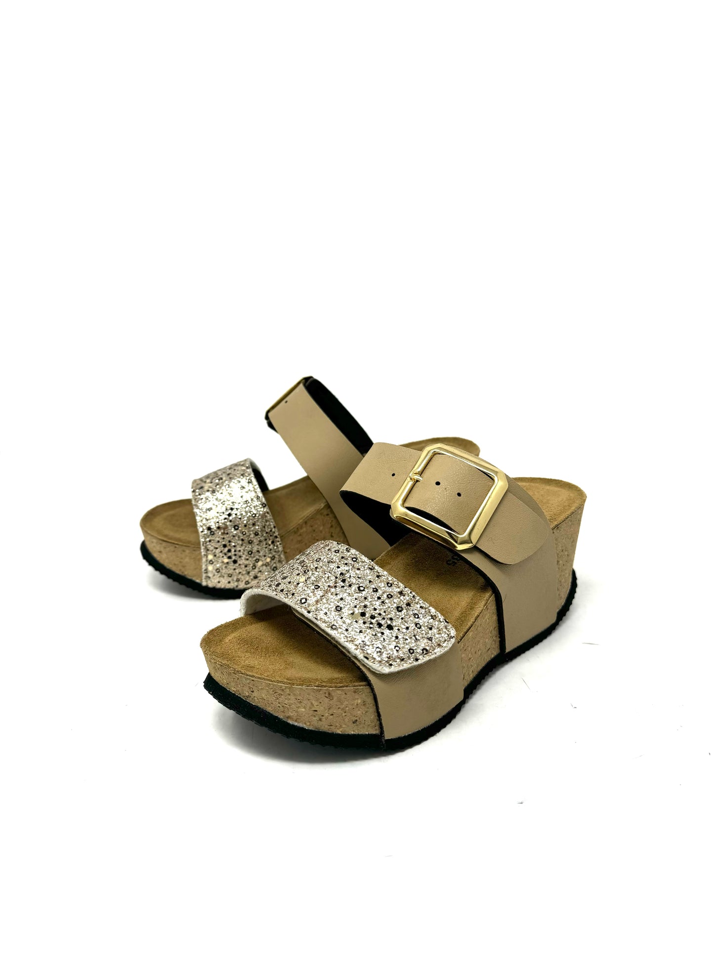 Ciabatta zeppa sughero doppia fascia glitter taupe oro -1409QX