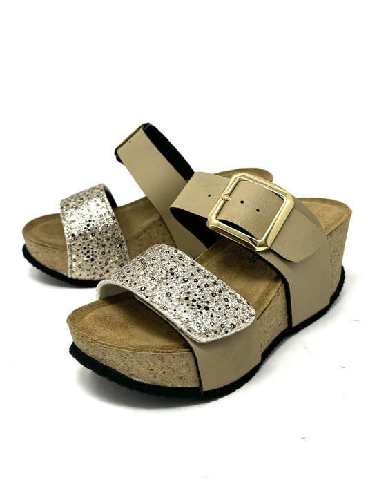 Ciabatta zeppa sughero doppia fascia glitter taupe oro -1409QX