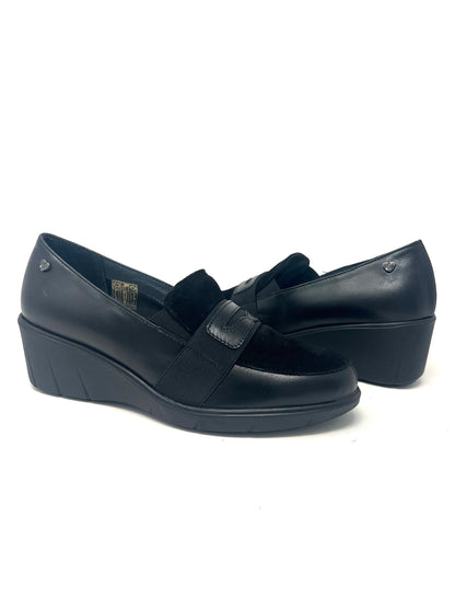 Mocassino su zeppa pelle nero inserti camoscio -F51A2N