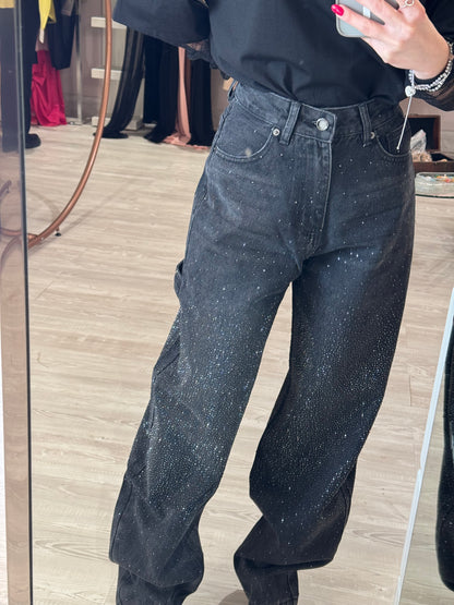 Jeans baggy neri con strass