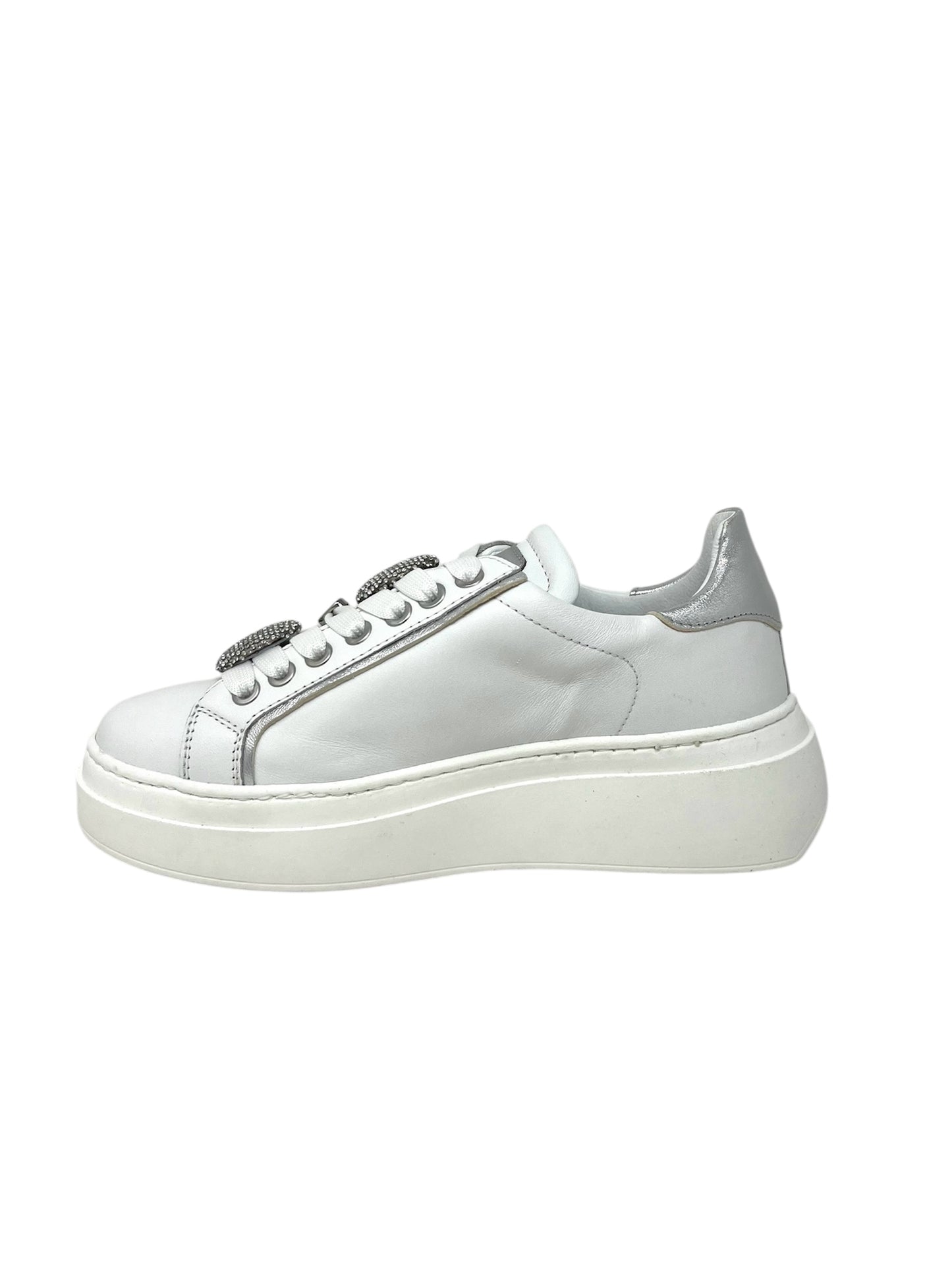 Sneaker bianca in pelle con bottoni strass -607ACCL