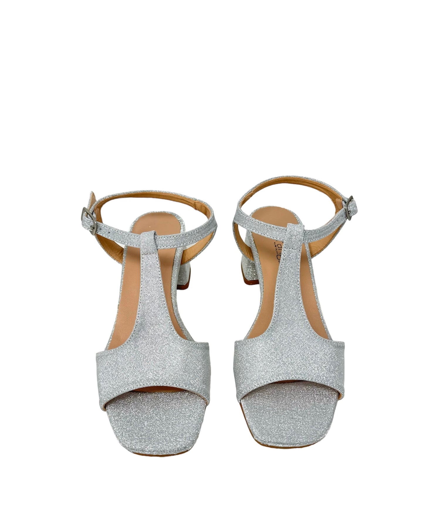 Sandalo con tacco t-bar glitter argento