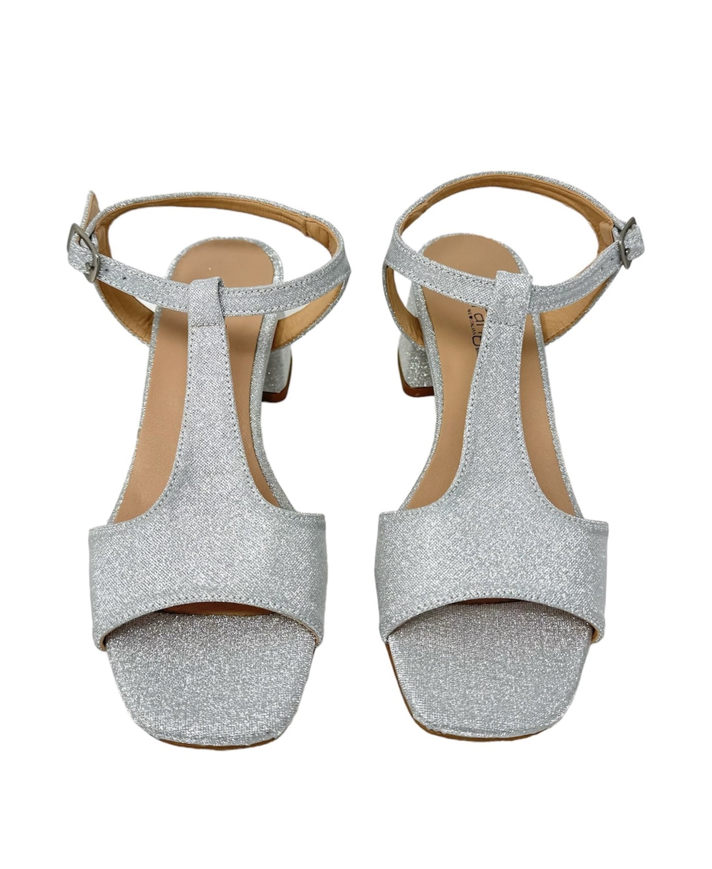 Sandalo con tacco t-bar glitter argento