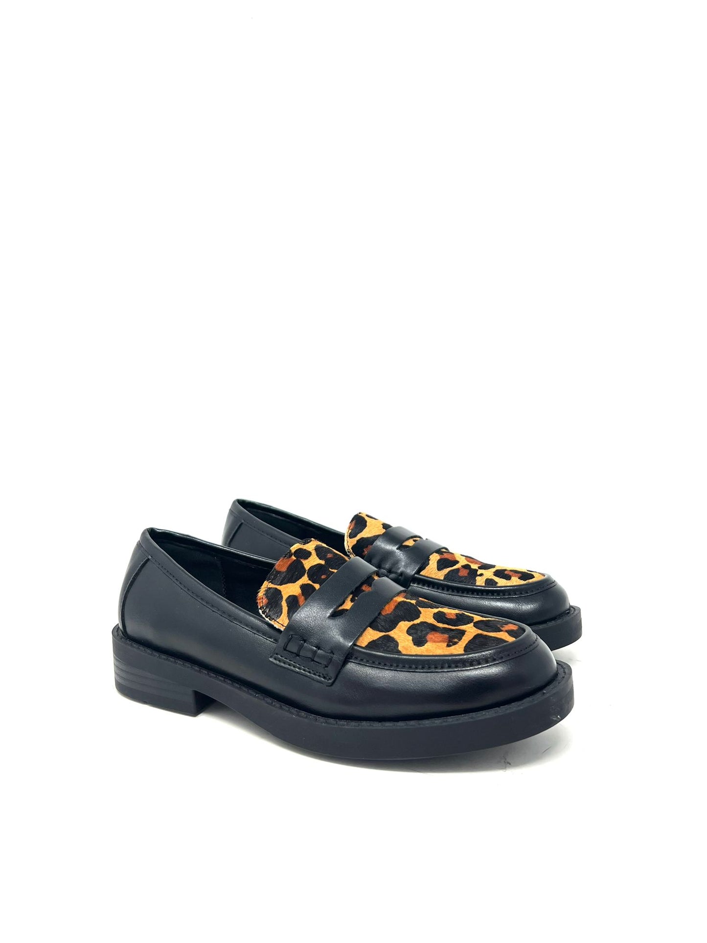 Mocassino inserti leopardato pelle nero -F2004NE