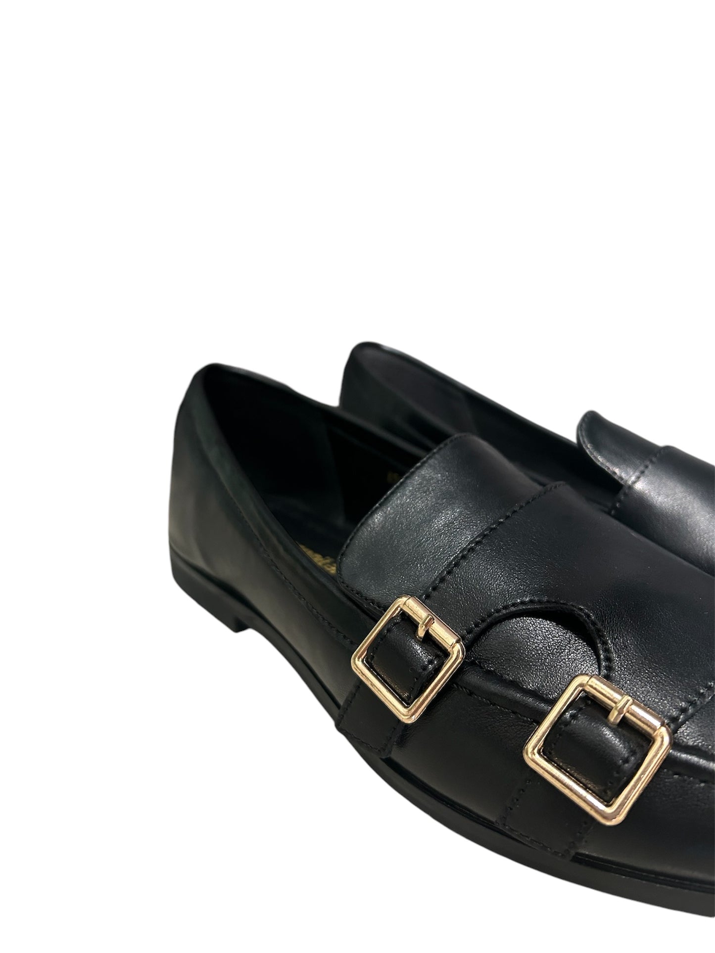 Mocassino doppia fibbia oro pelle nero -A0513NE