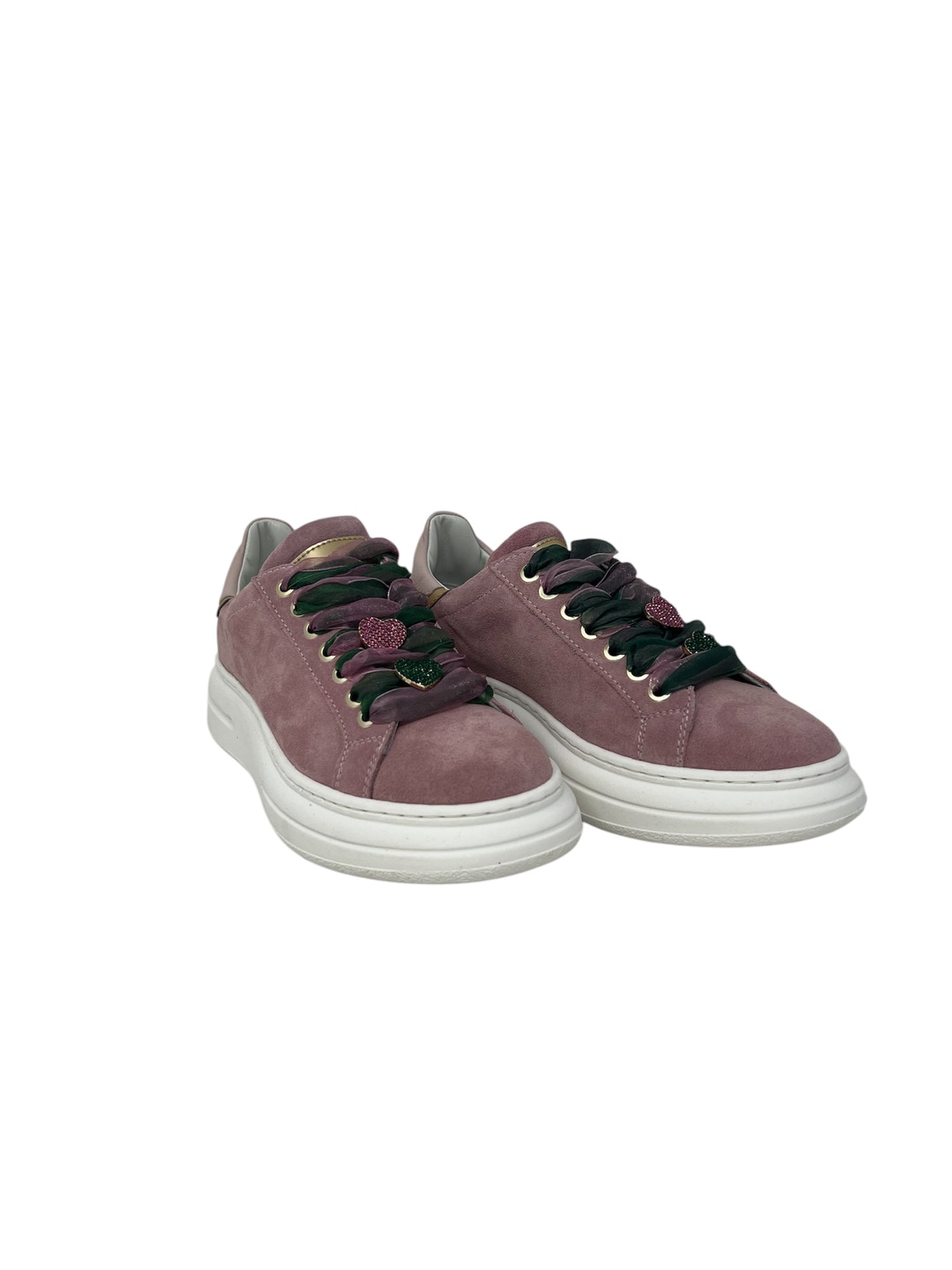 Sneaker rosa doppi lacci rosa/verde con cuori in strass - 6610RBI