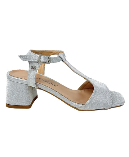 Sandalo con tacco t-bar glitter argento