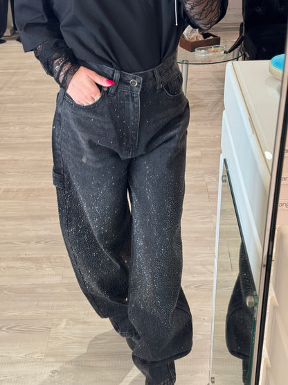 Jeans baggy neri con strass