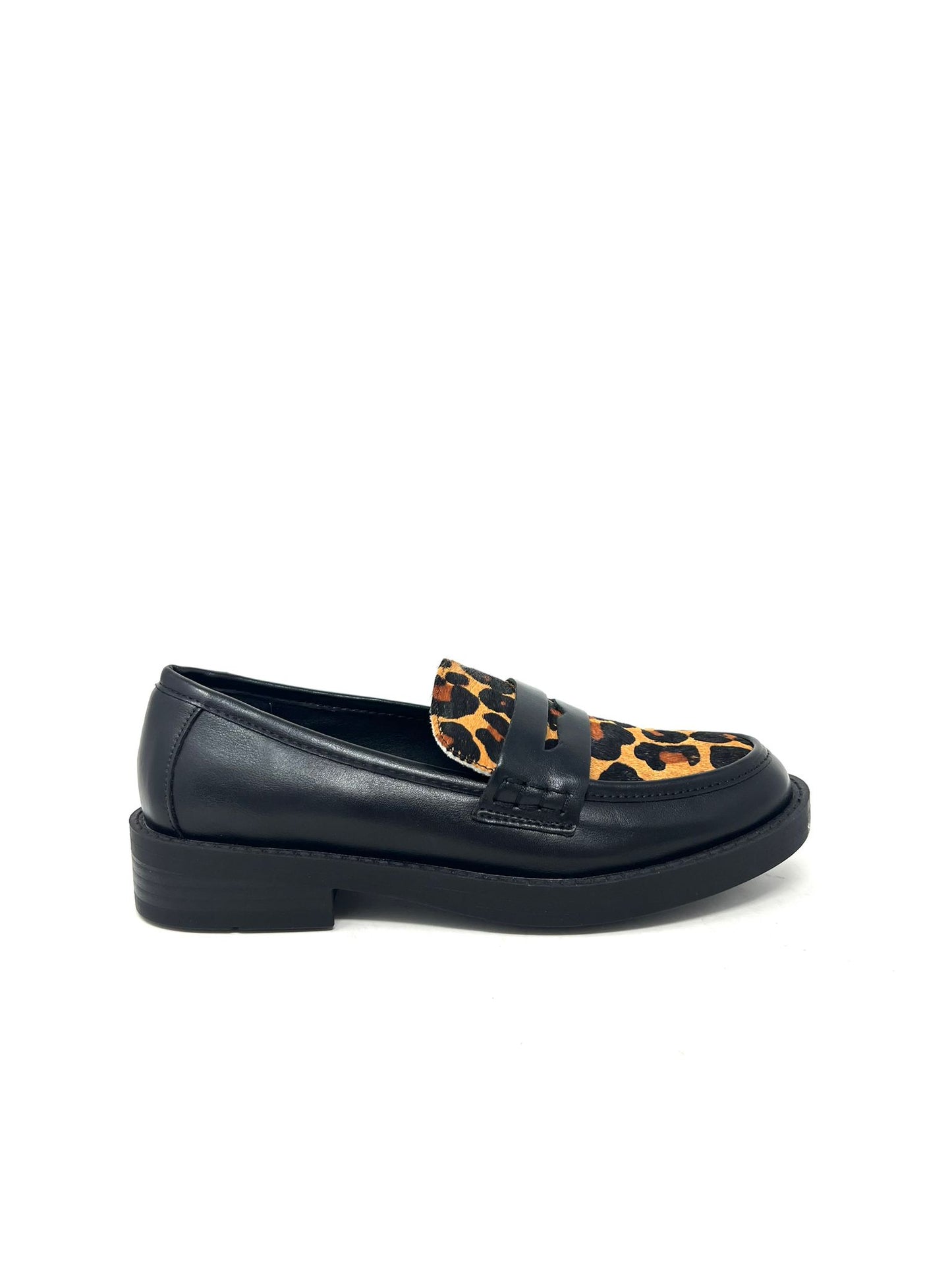 Mocassino inserti leopardato pelle nero -F2004NE