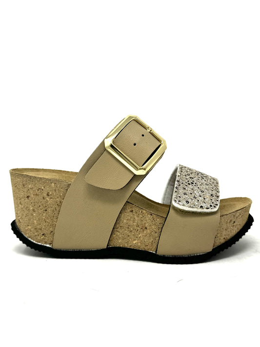 Ciabatta zeppa sughero doppia fascia glitter taupe oro -1409QX