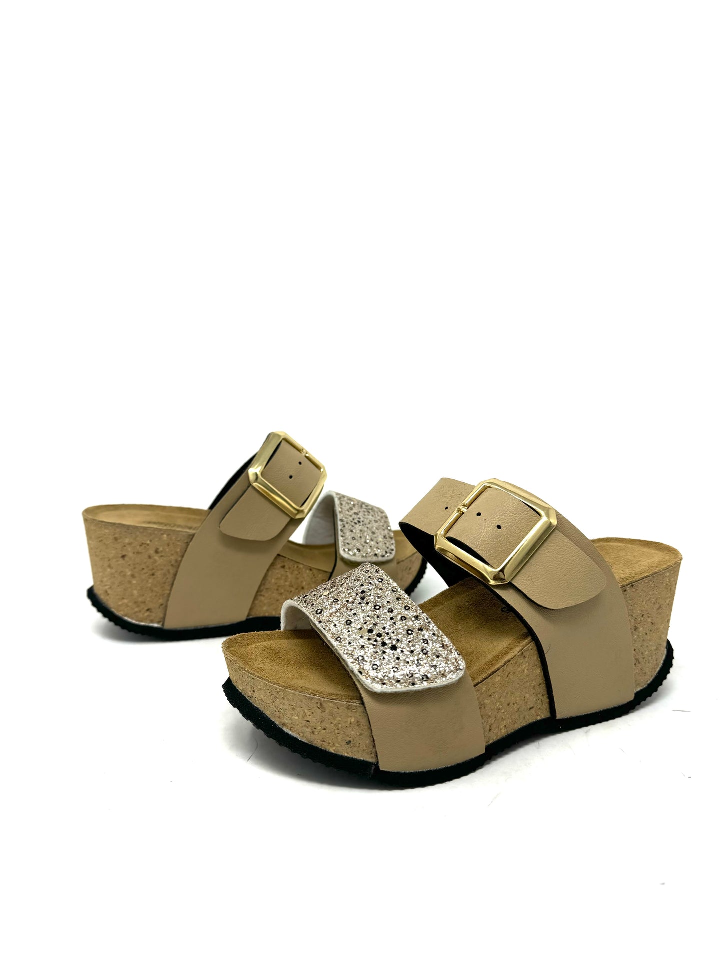 Ciabatta zeppa sughero doppia fascia glitter taupe oro -1409QX