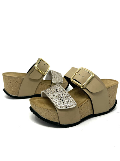 Ciabatta zeppa sughero doppia fascia glitter taupe oro -1409QX