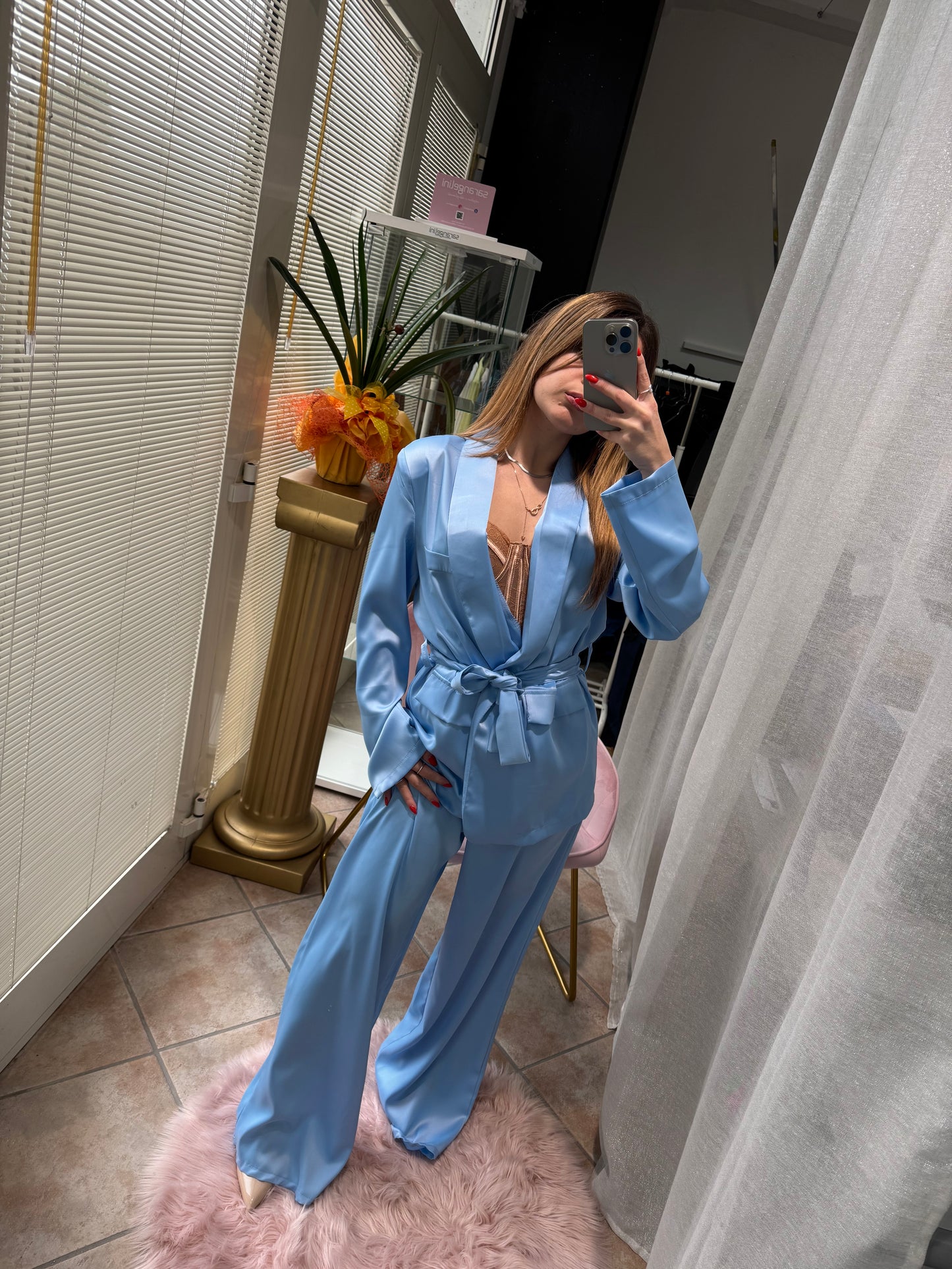 Completo satin giacca e pantalone celeste