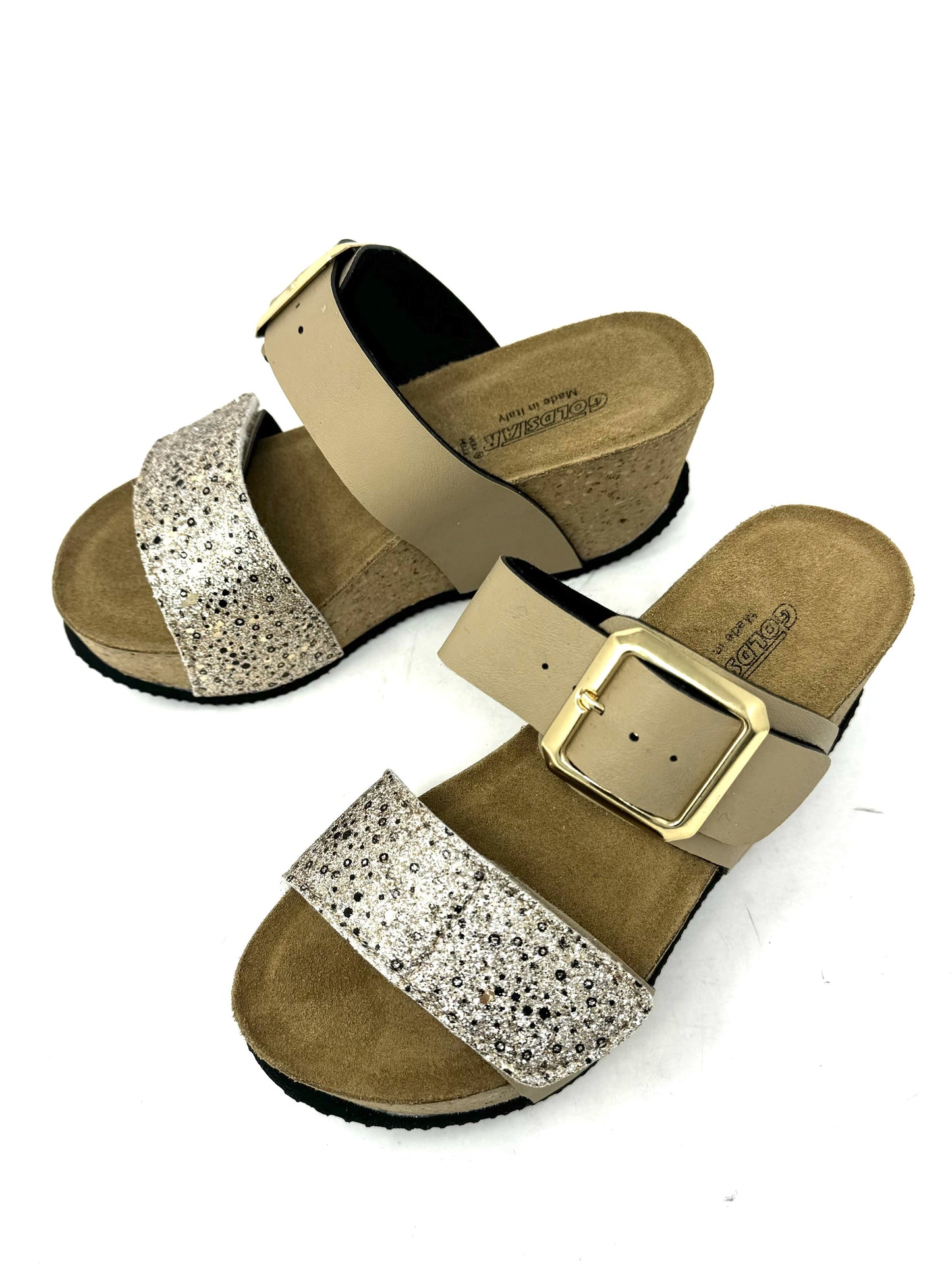 Ciabatta zeppa sughero doppia fascia glitter taupe oro -1409QX