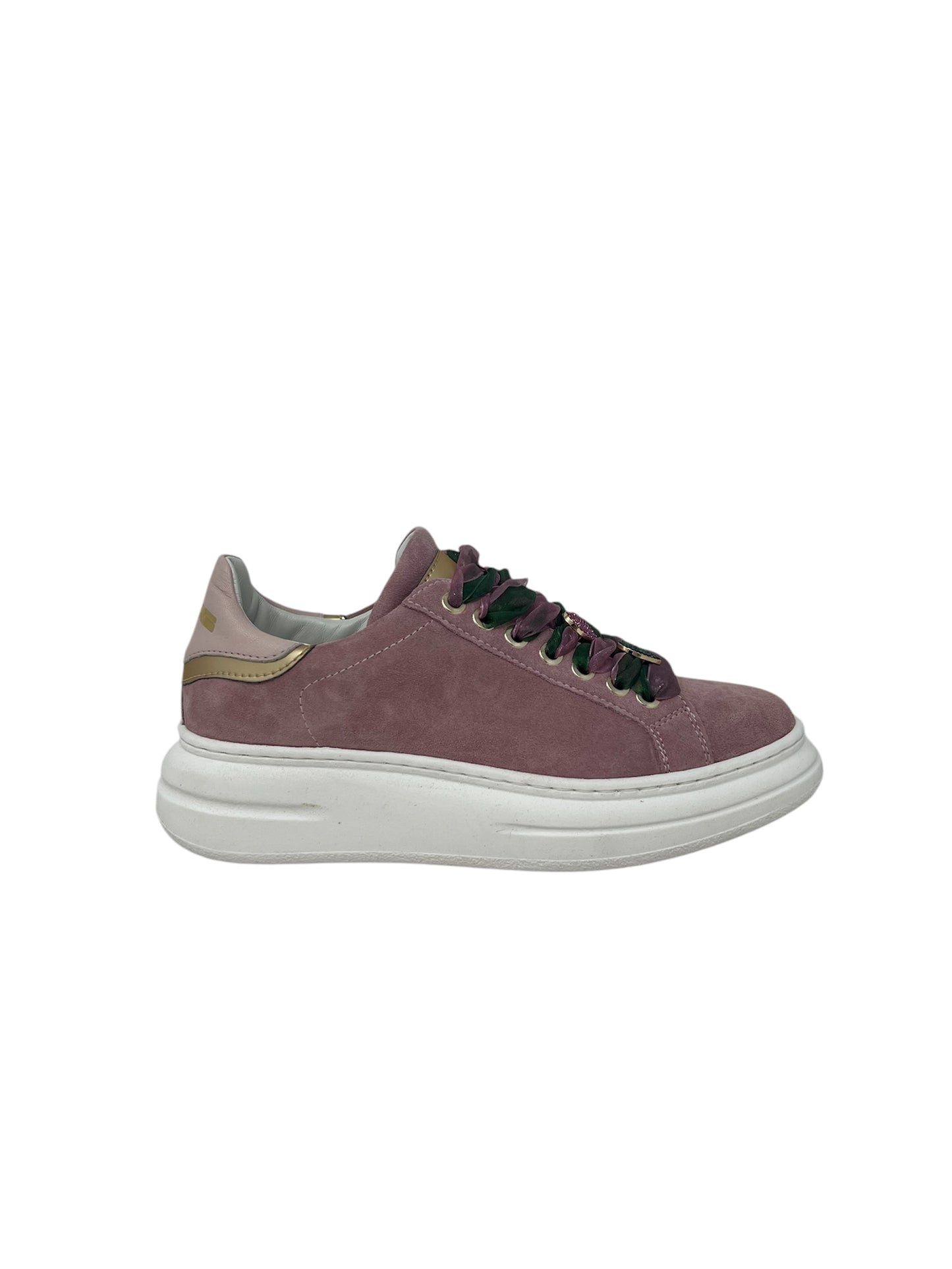 Sneaker rosa doppi lacci rosa/verde con cuori in strass - 6610RBI