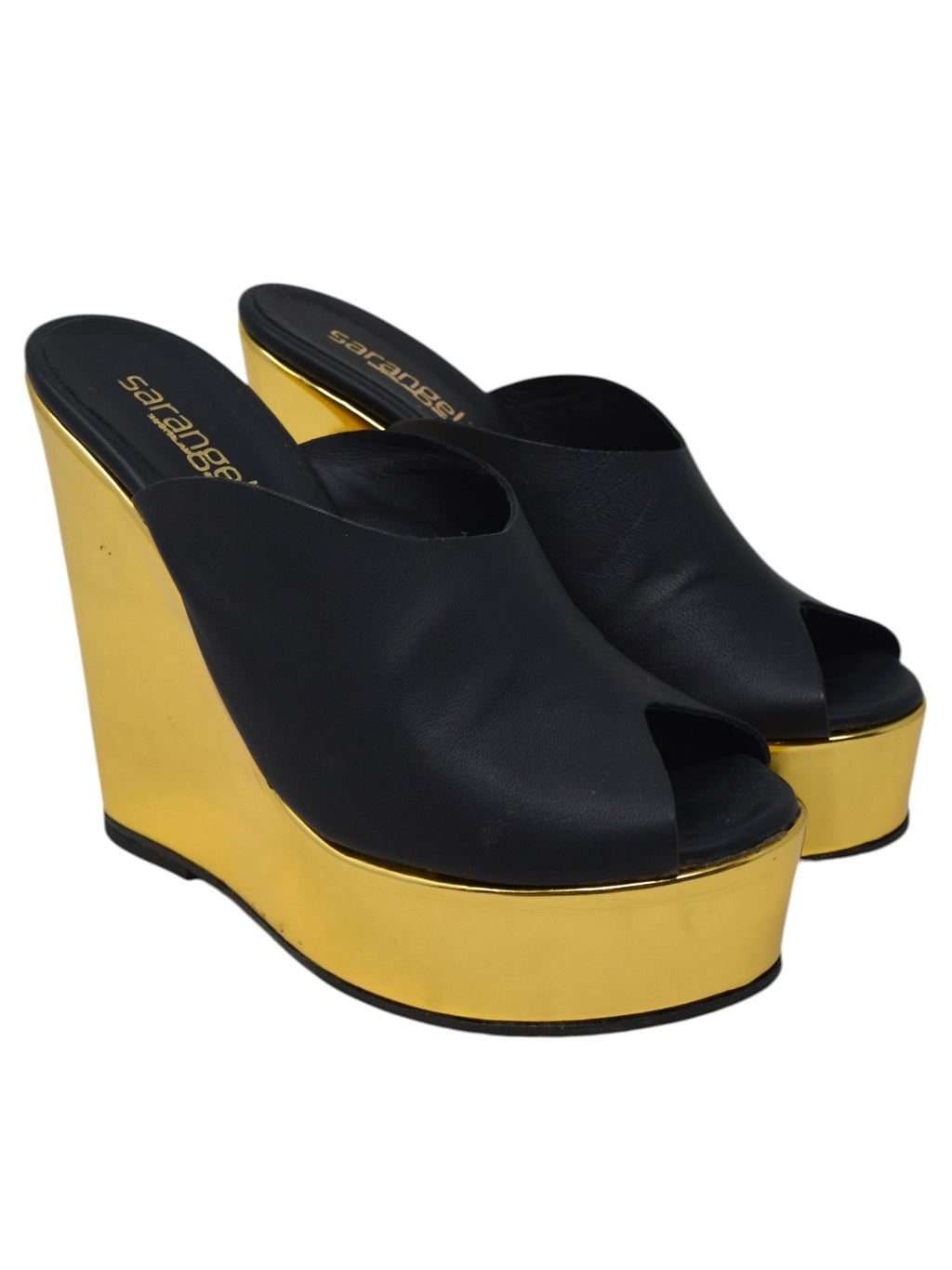 Ciabatta zeppa nero laminato oro - LIB402N