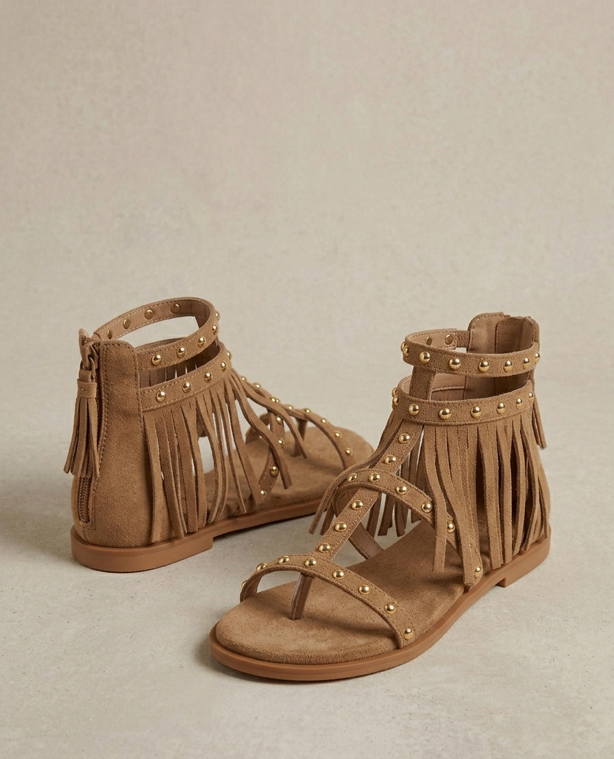 Sandalo basso con frange camel  V_GD471