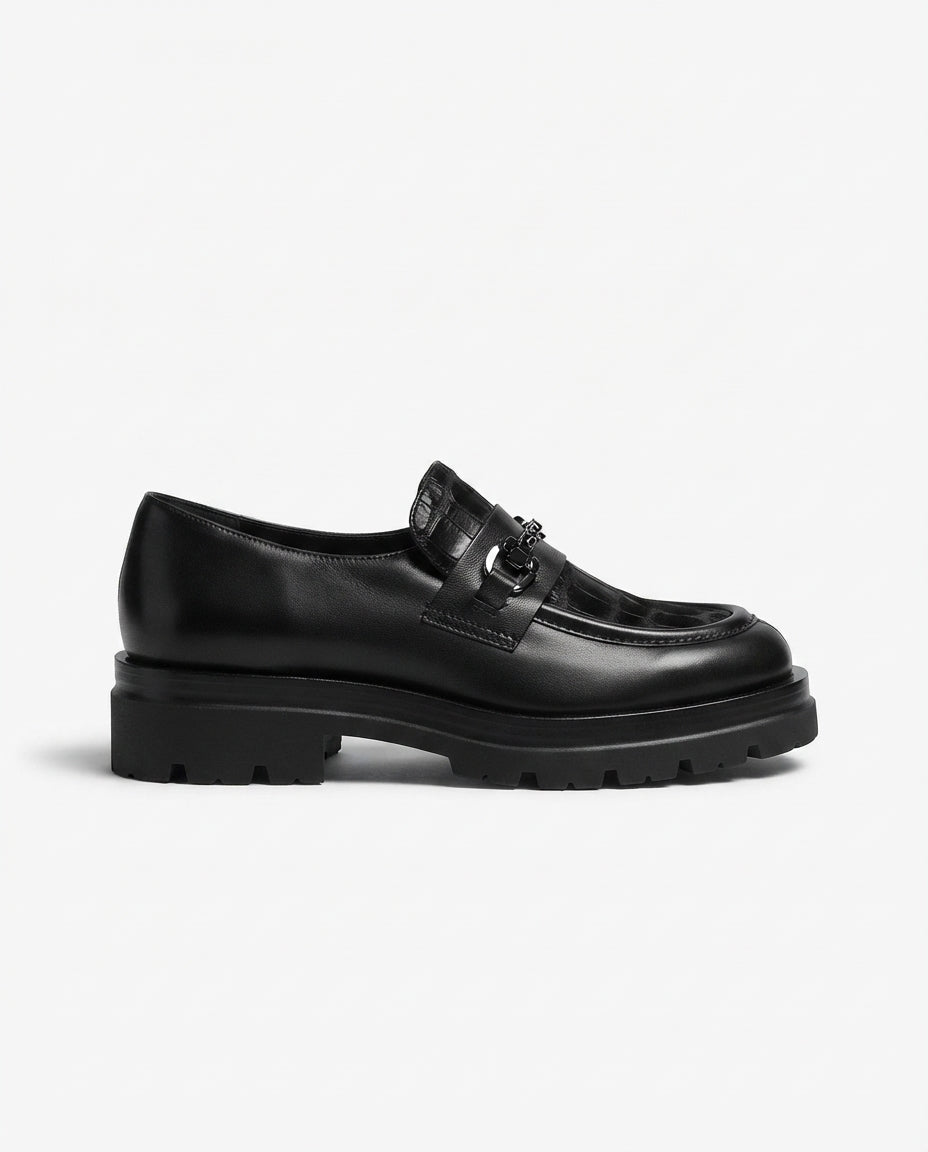 Mocassino in pelle nero con fantasia cocco - V_40I6R