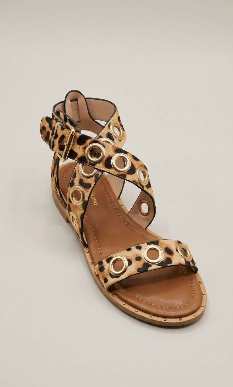 Sandalo intrecciato con borchie leopardato V_J1801M