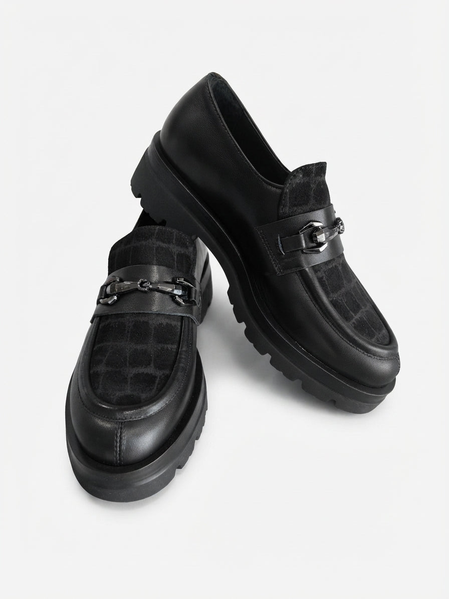 Mocassino in pelle nero con fantasia cocco - V_40I6R