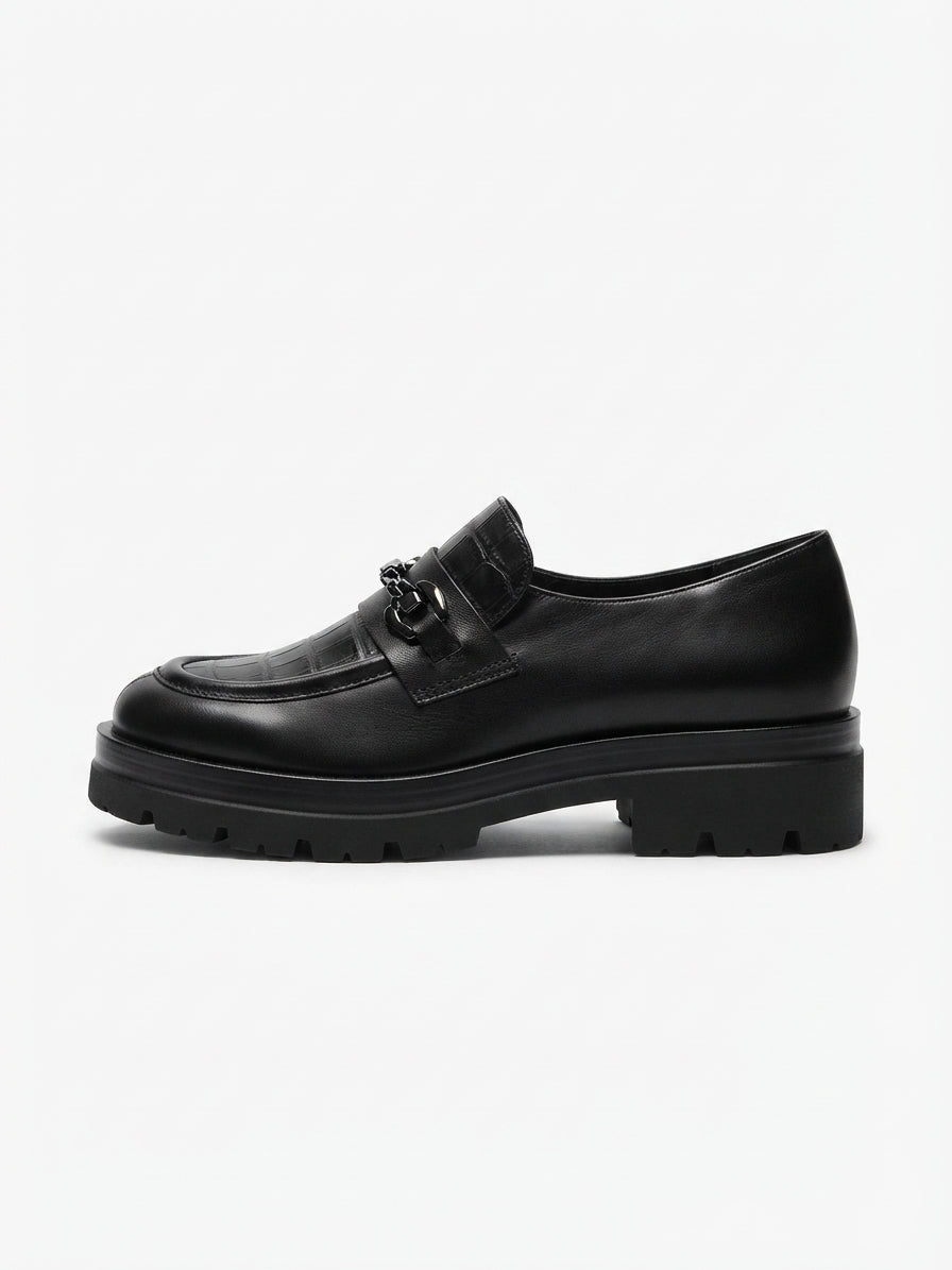 Mocassino in pelle nero con fantasia cocco - V_40I6R