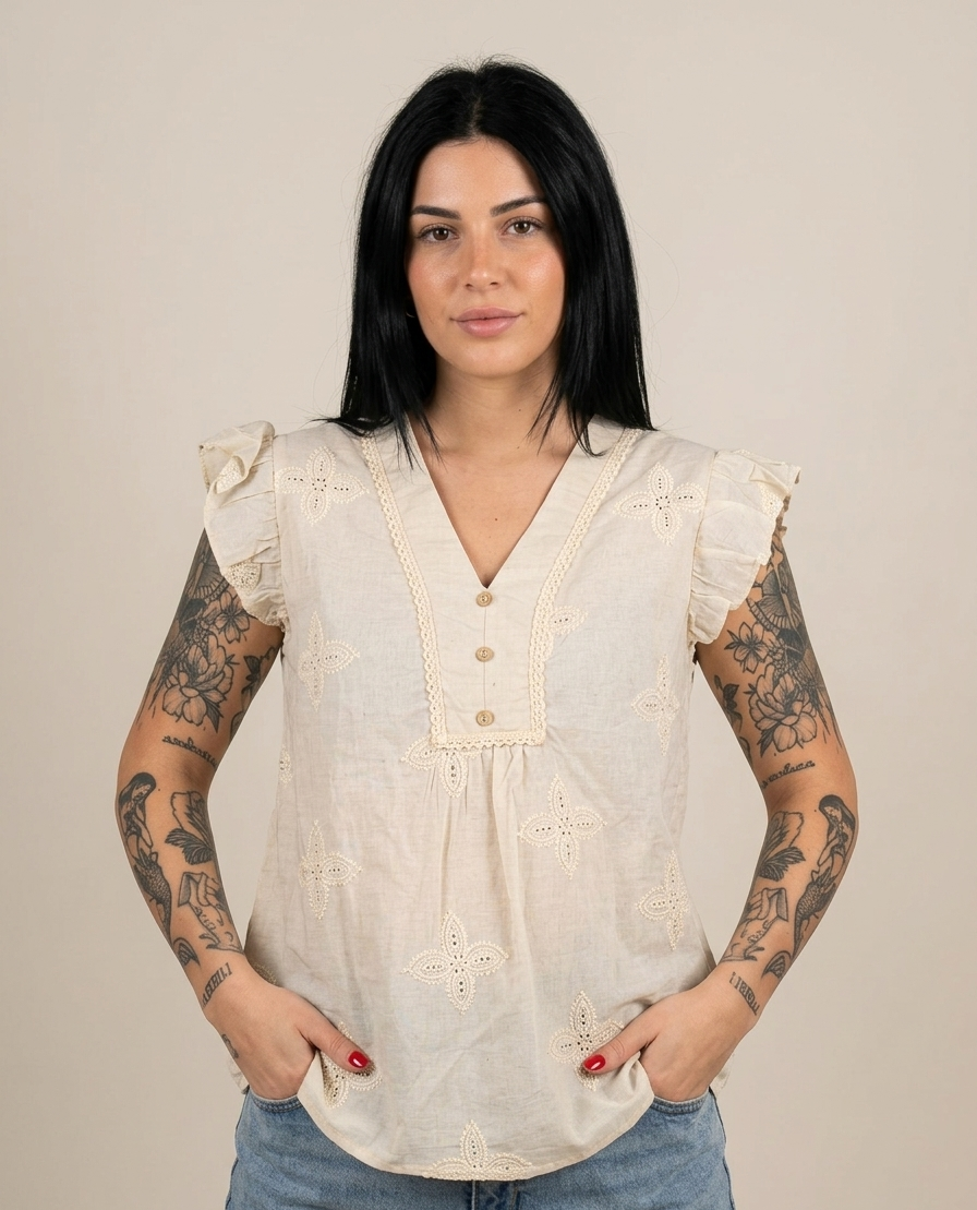 Camicia panna con ricami V_4842575